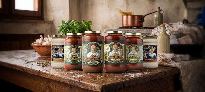 Jars of Sal's Cuisine pasta sauce on a rustic wooden table with a Sicilian kitchen background