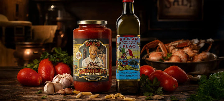 Sal’s Cuisine Sicilian New Orleans Red Gravy Pasta Sauce and Sicilian Flag extra virgin olive oil on a rustic wooden table with San Marzano tomatoes, garlic, parsley, penne pasta, and Gulf shrimp in a cinematic Creole Sicilian cooking scene.