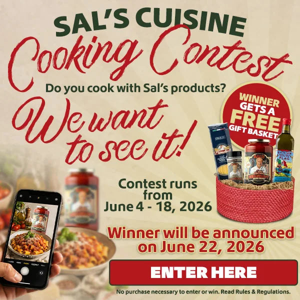 Advertisement for Sal's Cuisine Cooking Contest with food products and a gift basket.