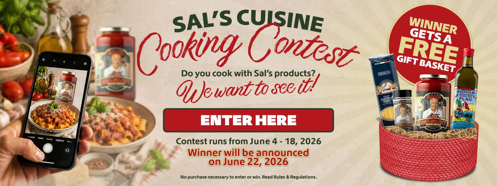 Promotional banner for Sal's Cuisine Facebook contest with phone, food items, and gift basket.