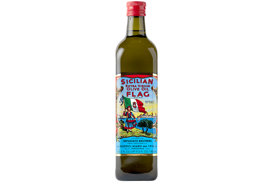 750ml Bottle of Flag extra virgin olive oil with a colorful label 