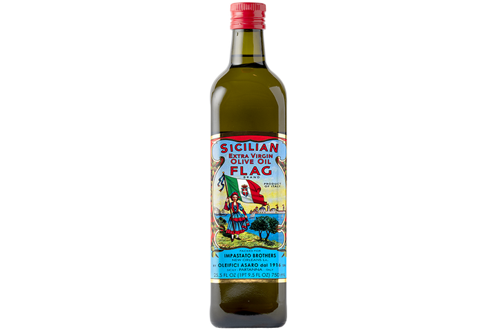 750ml Bottle of Flag extra virgin olive oil with a colorful label 