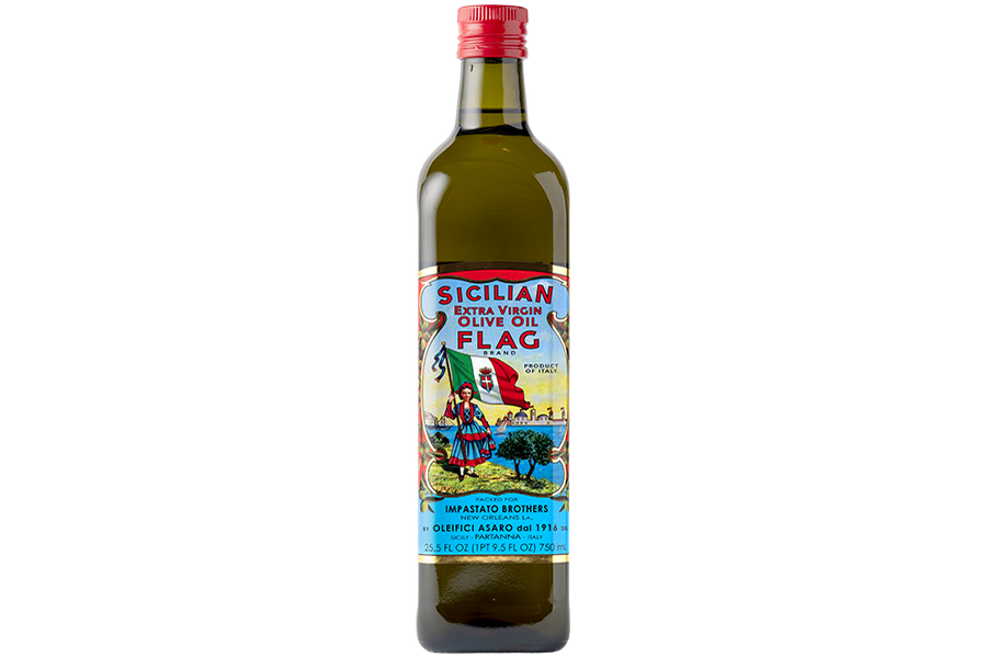 750ml Bottle of Flag extra virgin olive oil with a colorful label 