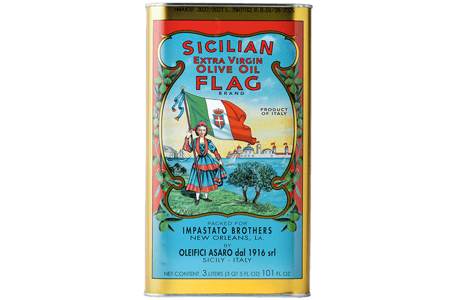 3 Liter Tin of Flag Brand Sicilian Extra Virgin Olive Oil with colorful label featuring Italian flag and landscape.