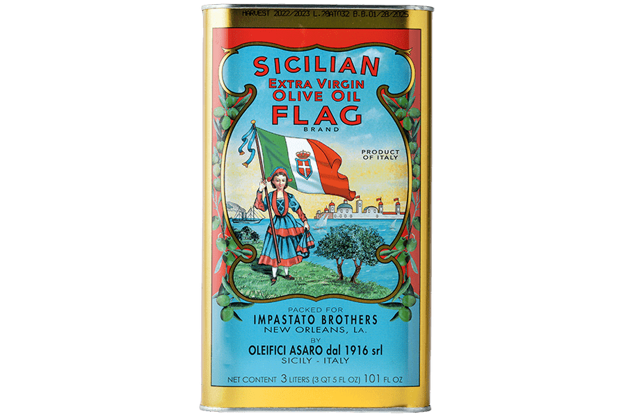 # Liter Tin of Flag Brand Sicilian Extra Virgin Olive Oil with colorful label featuring Italian flag and landscape.