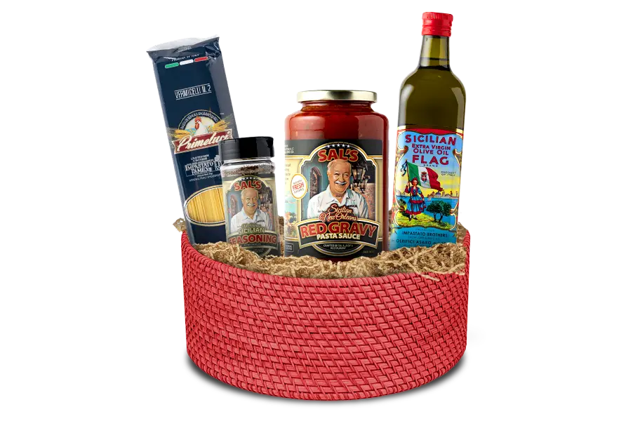 Sal's Red Gift basket with Primeluci Vermicelli no.2 pasta, Sal's Sicilian seasoning, Sal's Red Gravey Pasta Sauce, and a bottle of Flag Extra Virgin olive oil