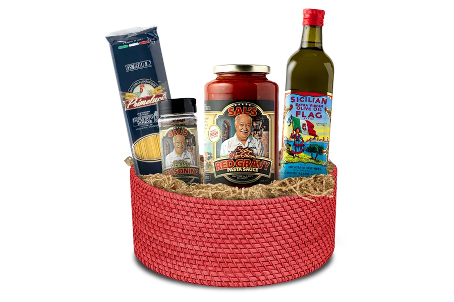 Sal's Red Gift basket with Primeluci Vermicelli no.2 pasta, Sal's Sicilian seasoning, Sal's Red Gravey Pasta Sauce, and a bottle of Flag Extra Virgin olive oil