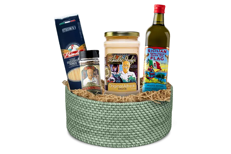 Sal's White Gift basket with Primeluci Fetuccine No.9 pasta, Sal's Sicilian seasoning, Sal's Original Alfredo Pasta Sauce, and a bottle of Flag Extra Virgin olive oil