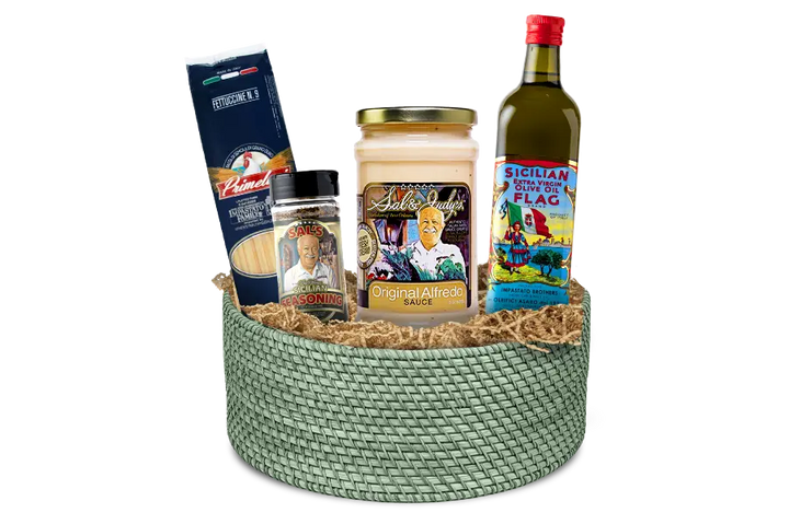 Sal's White Gift basket with Primeluci Fetuccine No.9 pasta, Sal's Sicilian seasoning, Sal's Original Alfredo Pasta Sauce, and a bottle of Flag Extra Virgin olive oil