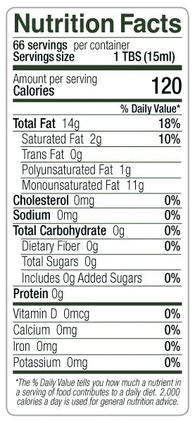 Partana EVOO 1 Lt Tin Nutrition Facts panel showing 66 servings per container, serving size 1 tablespoon (15ml). Amount per serving: 120 calories. Total fat 14g (18% DV), saturated fat 2g (10% DV), trans fat 0g, polyunsaturated fat 1g, monounsaturated fat 11g. Cholesterol 0mg (0% DV). Sodium 0mg (0% DV). Total carbohydrate 0g (0% DV), dietary fiber 0g (0% DV), total sugars 0g, includes 0g added sugars (0% DV). Protein 0g. Vitamin D 0mcg (0% DV), calcium 0mg (0% DV), iron 0mg (0% DV), potassium 0mg (0% DV).