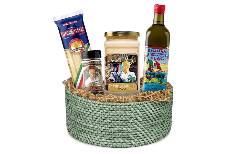 Sal's Original Alfredo pasta sauce Gift basket that includes Luigi Vitelli Fettuccine pasta, Sal's Sicilian Seasoning and Flag Extra Virgin Olive oil.