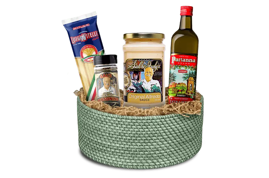 Sal's Cuisine Original Alfredo Gift basket with Italian food products including Luigi Vitelli Fettuccine pasta,Sal's Sicilian Seasoning and Partanna Extra Virgin Olive oil.