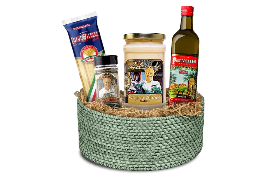 Sal's Cuisine Original Alfredo Gift basket with Italian food products including Luigi Vitelli Fettuccine pasta,Sal's Sicilian Seasoning and Partanna Extra Virgin Olive oil.