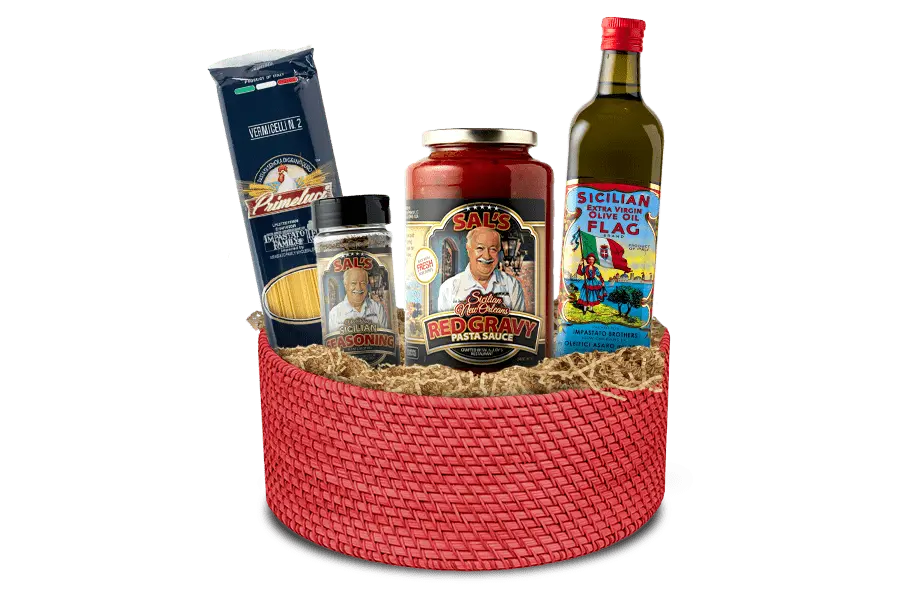 Sal's Cuisine Red Gravy pasta sauce Gift basket that includes Primeluci  Vermicelli pasta, Sal's Sicilian Seasoning and Flag Extra Virgin Olive oil.