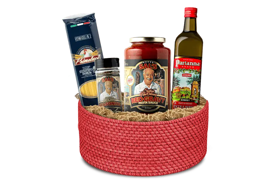 Sal's Cuisine Red Gravy pasta sauce Gift basket that includes Primeluci  Vermicelli pasta, Sal's Sicilian Seasoning and Partanna Extra Virgin Olive oil.