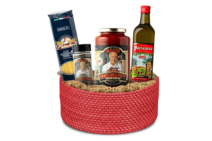 Sal's Cuisine Red Gravy pasta sauce Gift basket that includes Primeluci  Vermicelli pasta, Sal's Sicilian Seasoning and Partanna Extra Virgin Olive oil.