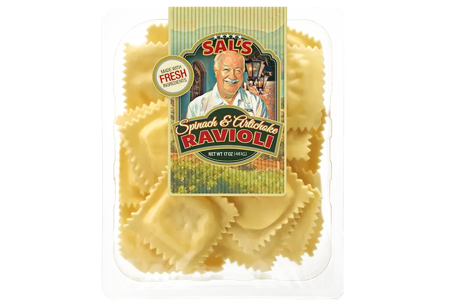 Packaged ravioli with Sal's Spaghetti & Cheese Ravioli label on a white background