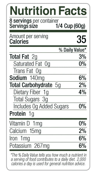 Nutrition Facts panel for Sal’s Cuisine Fresh Basil Pizza Sauce (17 oz). Eight servings per container. Serving size 1/4 cup (60 g). Amount per serving: 35 calories. Total fat 2 g (3% DV), saturated fat 0 g (0% DV), trans fat 0 g. Sodium 140 mg (6% DV). Total carbohydrate 5 g (2% DV), dietary fiber 1 g (4% DV), total sugars 3 g, includes 0 g added sugars (0% DV). Protein 1 g. Vitamin D 1 mg (0% DV), calcium 15 mg (2% DV), iron 1 mg (6% DV), potassium 267 mg (6% DV).