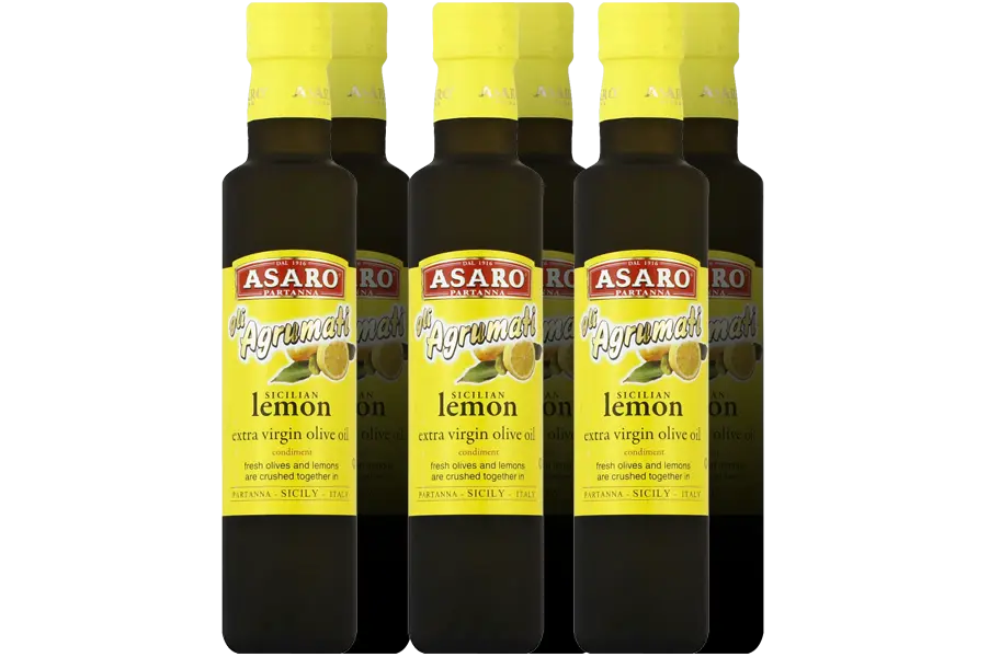 Six 8.45 oz bottles of Asaro lemon extra virgin olive oil 