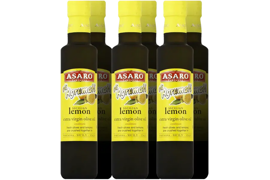 Six 8.45 oz bottles of Asaro lemon extra virgin olive oil 