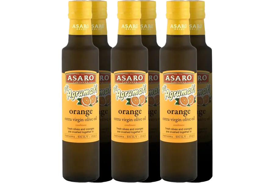Six 8.45 oz bottles of Asaro Agrumato orange olive oil