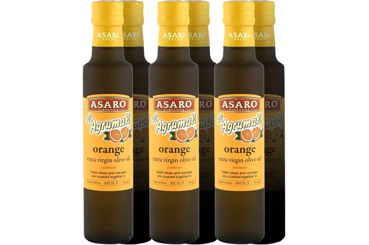 Six 8.45 oz bottles of Asaro Agrumato orange olive oil