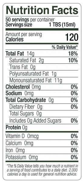 Flag Extra Virgin Olive Oil 25.5oz bottle Nutrition Facts. 200 servings per container. Serving size 1 tbsp (15 ml). Amount per serving: Calories 120. Total fat 14 g, 18% daily value. Sat.fat 2 g, 10% daily value. Trans fat 0 g. Polyunsaturated fat 1 g. Monounsaturated fat 11 g. Cholesterol 0 mg, 0% daily value. Sodium 0 mg, 0% daily value. Total carbohydrate 0 g, 0% daily value. Dietary fiber 0 g, 0% daily value. Total sugars 0 g. Includes 0 g added sugars, 0% daily value. Protein 0 g. 