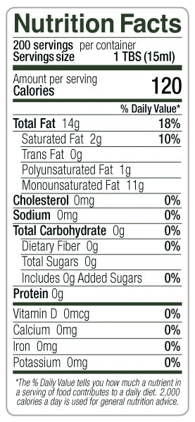 Flag Extra Virgin Olive Oil 3 Litter Tin Nutrition Facts. 200 servings per container. Serving size 1 tbsp (15 ml). Amount per serving: Calories 120. Total fat 14 g, 18% daily value. Sat.fat 2 g, 10% daily value. Trans fat 0 g. Polyunsaturated fat 1 g. Monounsaturated fat 11 g. Cholesterol 0 mg, 0% daily value. Sodium 0 mg, 0% daily value. Total carbohydrate 0 g, 0% daily value. Dietary fiber 0 g, 0% daily value. Total sugars 0 g. Includes 0 g added sugars, 0% daily value. Protein 0 g. 