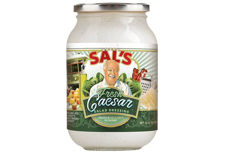 Jar of Sal's Fresh Caesar salad dressing.