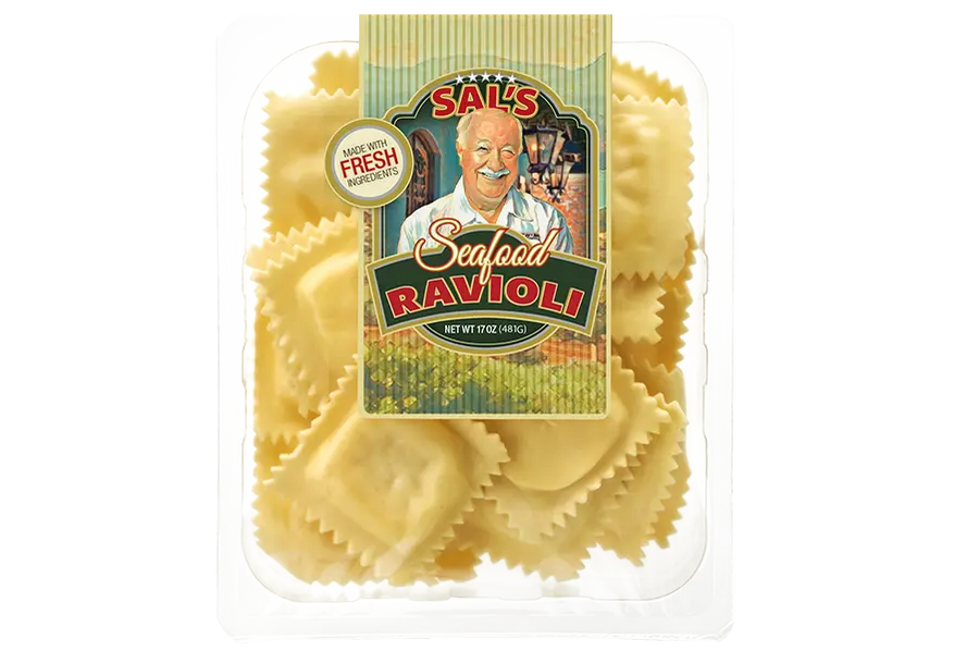 Packaged Ravioli with Sal's Seafood Ravioli label on a white background