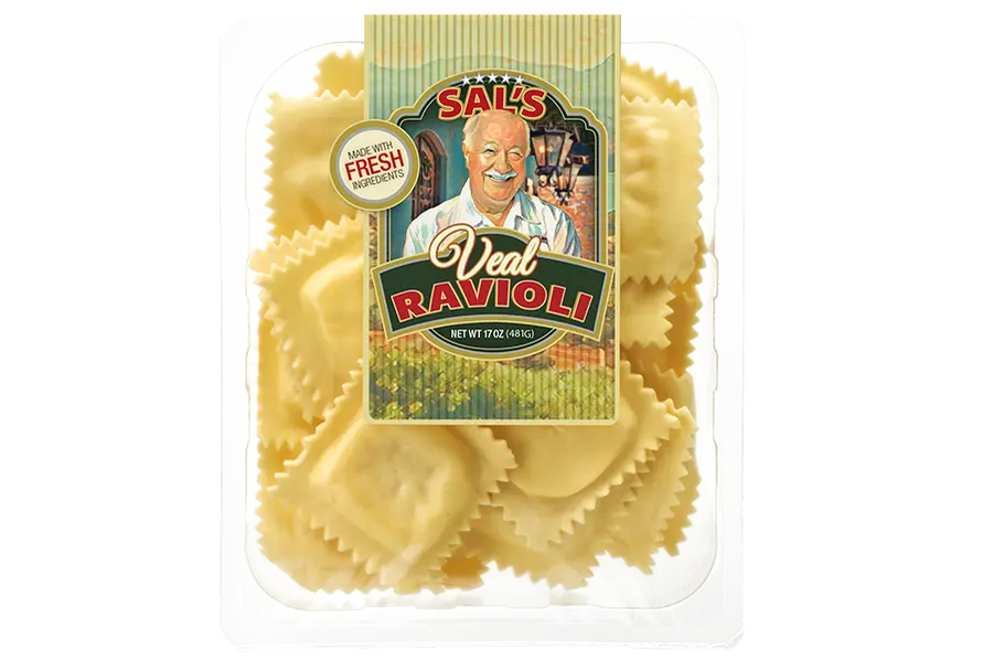 Packaged ravioli with Sal's Veal Ravioli label on a white background