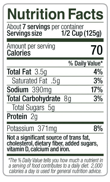 Sal's Cuisine All Natural Cajun Pasta Sauce Nutrition Facts: About 7 servings per container. Serving size 1/2 cup (125g). Calories 70 per serving. Total fat 3.5g (4% DV), including 0.5g saturated fat (3% DV). Sodium 390mg (17% DV). Total carbohydrate 8g (3% DV). Total sugars 5g. Protein 2g. Potassium 371mg (8% DV). Not a significant source of trans fat, cholesterol, dietary fiber, added sugars, vitamin D, calcium, and iron.
