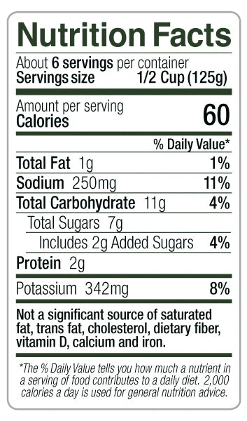 Sal's Creole Sicilian Lil' Spicy Sauce Nutrition Facts: About 6 servings per container. Serving size 1/2 cup (125g). Calories 60 per serving. Total fat 1g (1% DV). Sodium 250mg (11% DV). Total carbohydrates 11g (4% DV), including 7g total sugars with 2g added sugars (4% DV). Protein 2g. Potassium 342mg (8% DV). Not a significant source of saturated fat, trans fat, cholesterol, dietary fiber, vitamin D, calcium, or iron.
