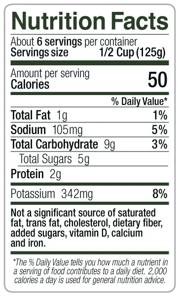 Sal's Cuisine heart Smart Original Marinara Nutrition Facts: About 6 servings per container. Serving size 1/2 cup (125g). Calories 50 per serving. Total fat 1g (1% DV). Sodium 105mg (5% DV). Total carbohydrate 9g (3% DV). Total sugars 5g. Protein 2g. Potassium 342mg (8% DV). Not a significant source of saturated fat, trans fat, cholesterol, dietary fiber, added sugars, vitamin D, calcium, and iron.