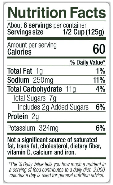 Sal's Cuisine Original Marinara Pasta Sauce Nutrition Facts: About 6 servings per container. Serving size 1/2 cup (125g). Calories 60 per serving. Total fat 1g (1% DV). Sodium 250mg (11% DV). Total carbohydrate 11g (4% DV). Total sugars 7g, including 2g added sugars (6% DV). Protein 2g. Potassium 324mg (6% DV). Not a significant source of saturated fat, trans fat, cholesterol, dietary fiber, vitamin D, calcium, and iron.