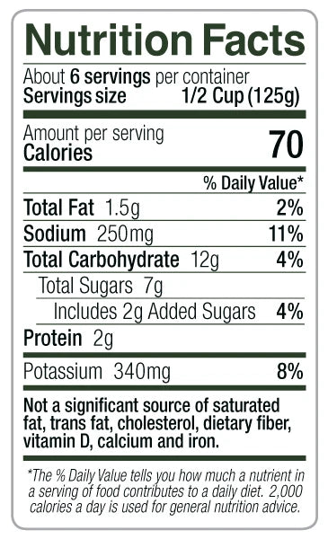 Sal's Cuisine Roasted Garlic Pasta Sauce Nutrition Facts: About 6 servings per container. Serving size 1/2 cup (125g). Calories 70 per serving. Total fat 1.5g (2% DV). Sodium 250mg (11% DV). Total carbohydrate 12g (4% DV). Total sugars 7g, including 2g added sugars (4% DV). Protein 2g. Potassium 340mg (8% DV). Not a significant source of saturated fat, trans fat, cholesterol, dietary fiber, vitamin D, calcium, and iron.