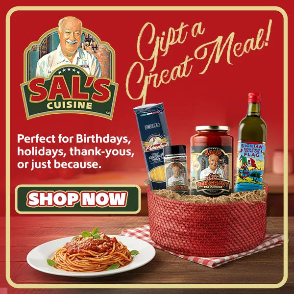 Advertisement for Sal's Cuisine gift basket with Sal's Red Gravy, Primelucci pasta and flag olive oil bottle on a red background