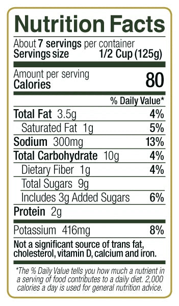 Sal's Cuisine Sicilian New Orleans Red Gravy Pasta Sauce Nutrition Facts: About 7 servings per container. Serving size 1/2 cup (125g). Calories 80 per serving. Total fat 3.5g (4% DV), including 1g saturated fat (5% DV). Sodium 300mg (13% DV). Total carbohydrates 10g (4% DV), including 1g dietary fiber (4% DV), 9g total sugars, with 3g added sugars (6% DV). Protein 2g. Potassium 416mg (8% DV). Not a significant source of trans fat, cholesterol, vitamin D, calcium, or iron.